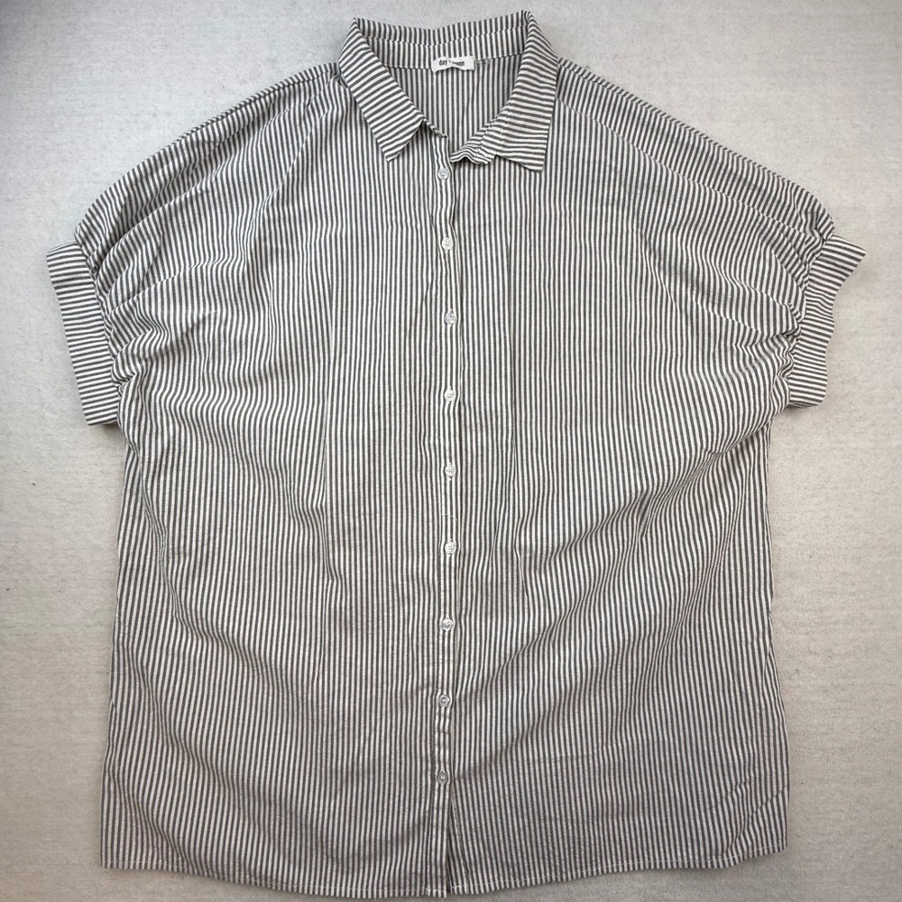Womens Large‎ gray  Striped Cotton Short Sleeve Button Down Shirt natural resort